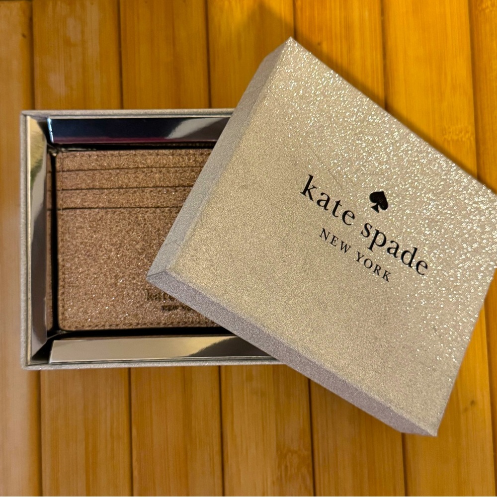 Kate Spade Rose Gold Glitter Card Holder with Gold Hardware
